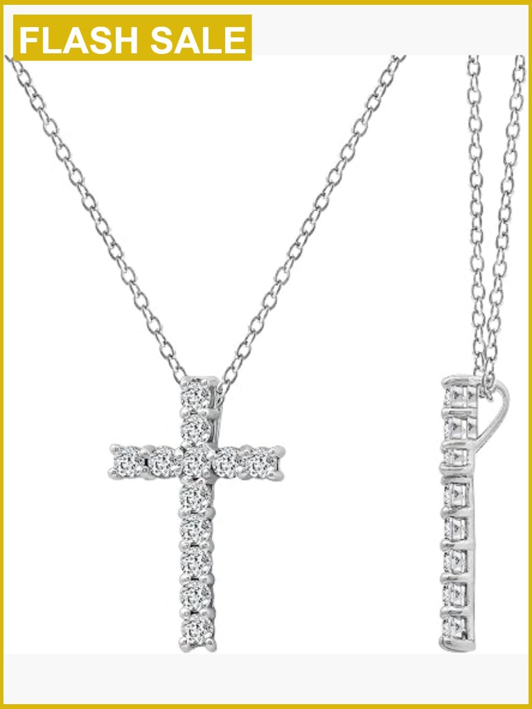 18" Sterling Silver Cross Pendant Necklace With Cubic Zirconia
